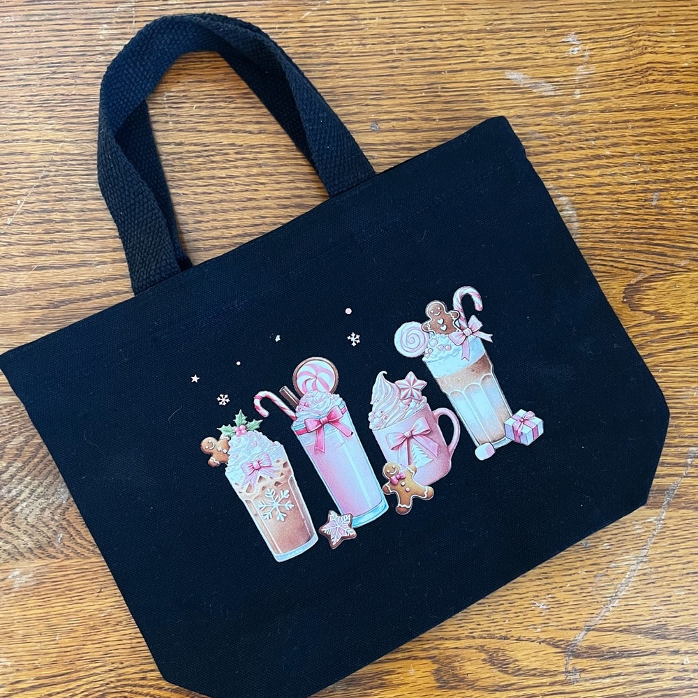 Totes Black Tote Bag with Pink and Brown Christmas Design & Snowman Glass Gift 🎁